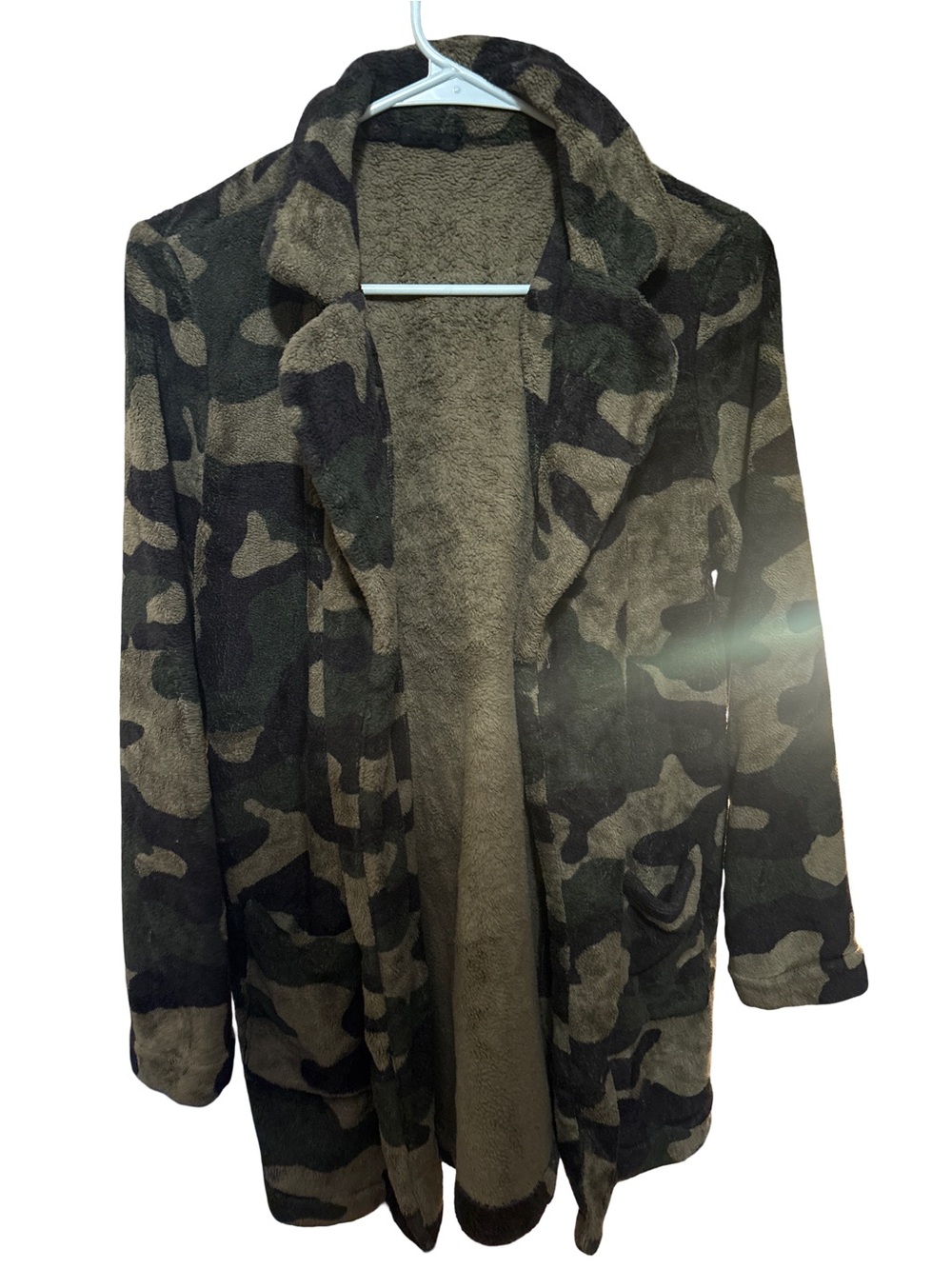 Tinsel Camouflage Plush Open-Front Teddy Jacket - Green & Black